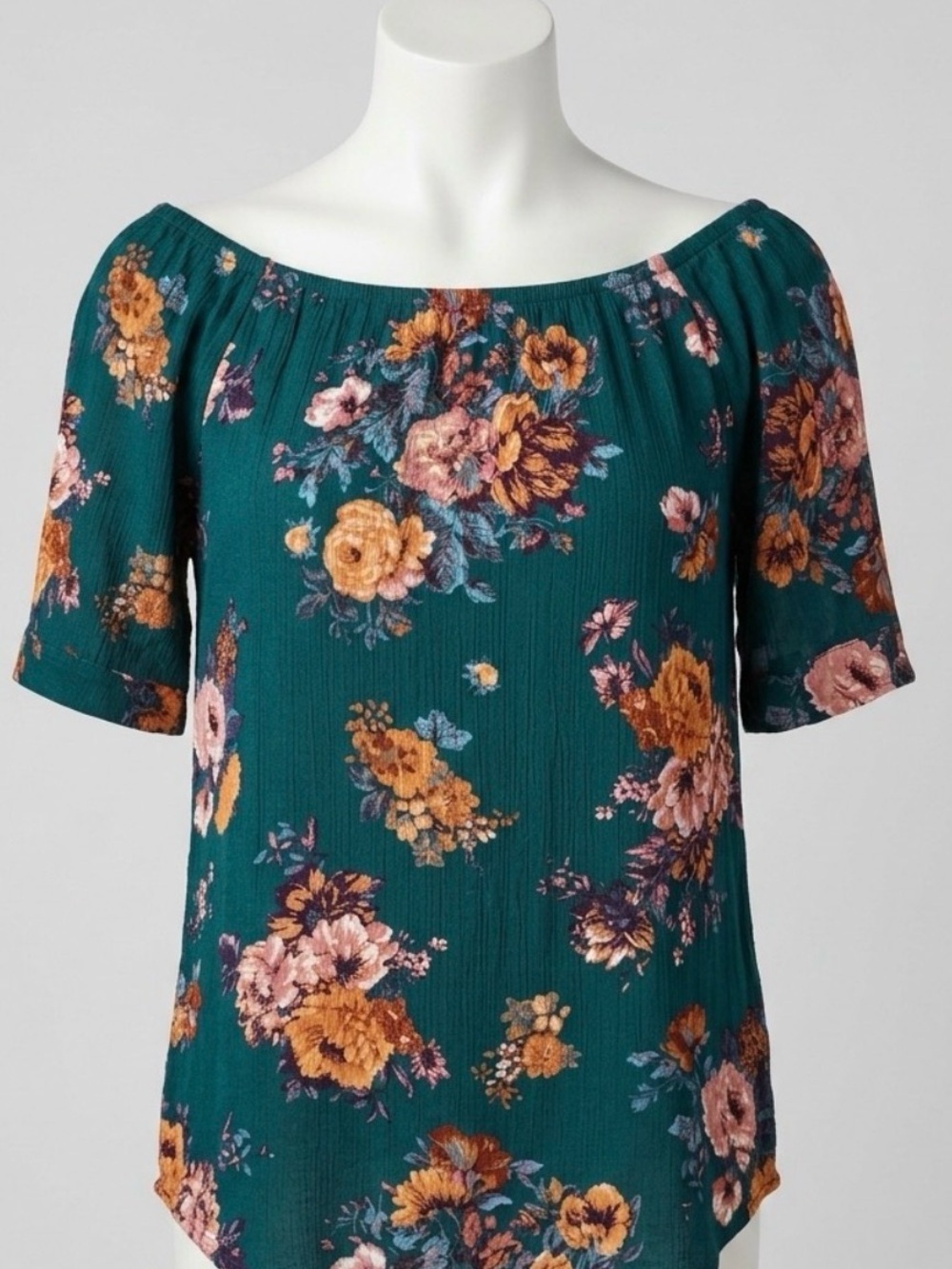 Floral Off-Shoulder Blouse - Teal Green